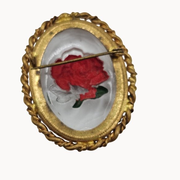 Vintage Gold-Toned Frame Clear Glass Red Handpainted Rose Brooch Fashion Jewelry - Picture 9 of 16